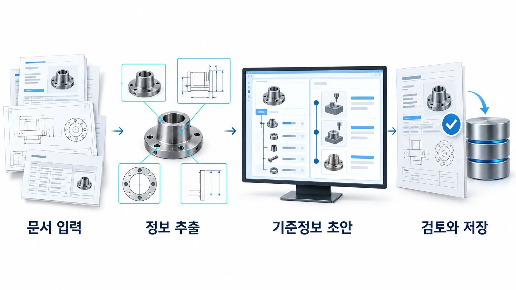 AI PDM 기준정보 생성. 개발의뢰서와 도면 입력, 품목과 규격 추출, 자재 구성과 공정 초안, 담당자 검토와 저장.