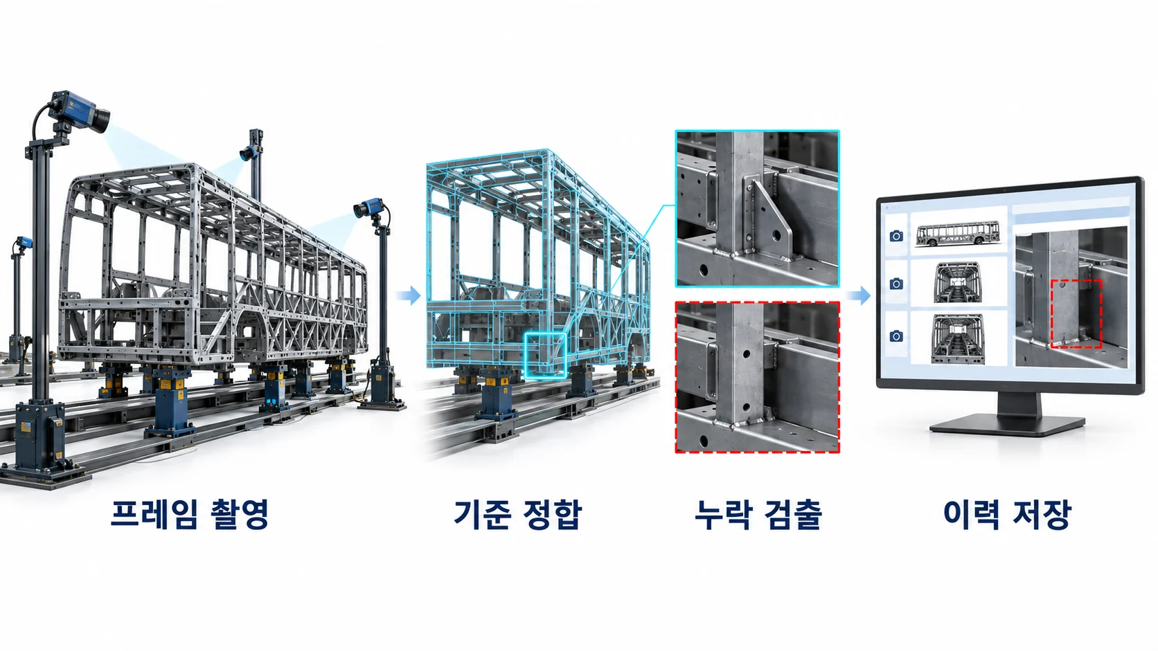 버스프레임 부품 누락 검사 확대. 검사 위치 촬영, 기준 이미지 정합, 부품 누락 검출, 검사 위치별 이력 저장.