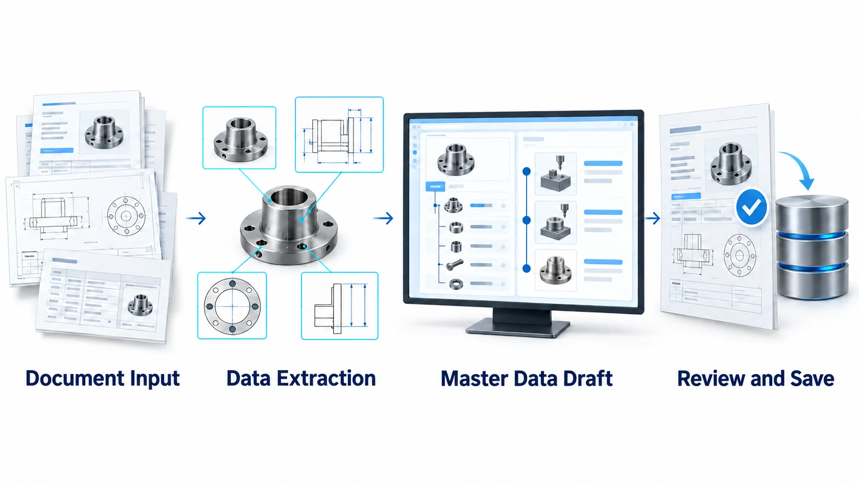 AI PDM master data generation. Read requests and drawings, Extract items and specifications, Draft BOM and process data, Review and save.