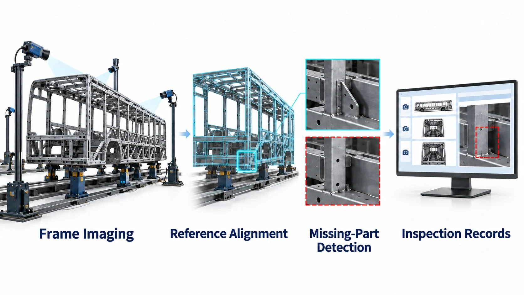 Extending missing-part inspection to bus frames. Capture inspection positions, Align reference images, Detect missing parts, Save results by position.