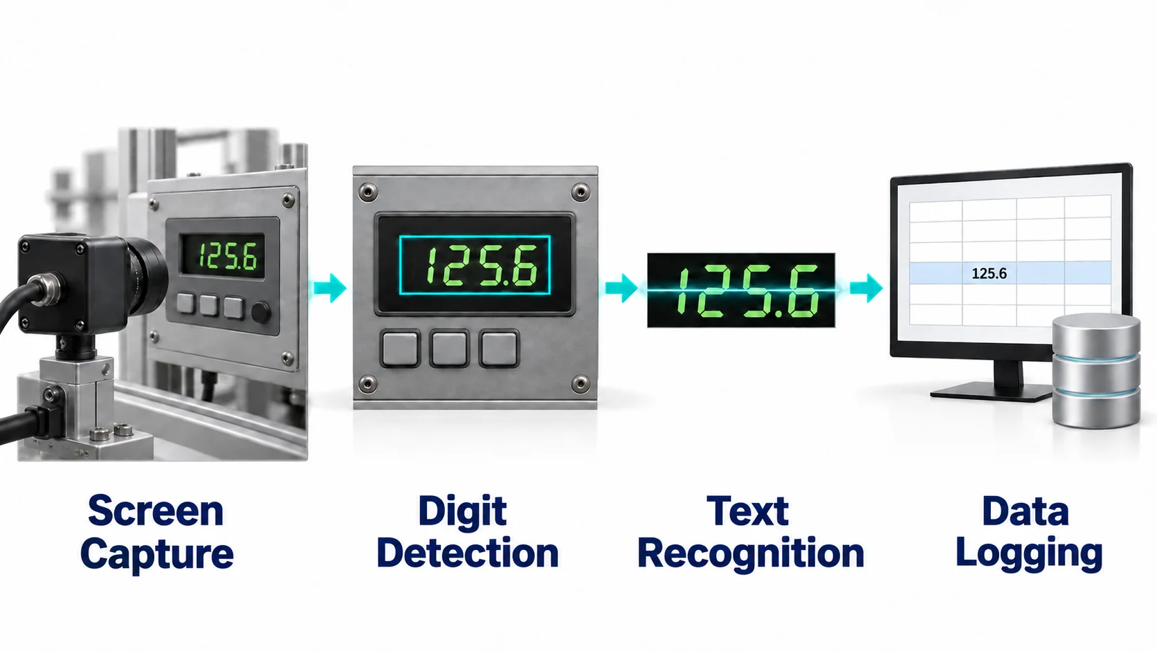 Reading equipment displays and meters. Capture the display, Locate numeric fields, Read the values, Link production records.