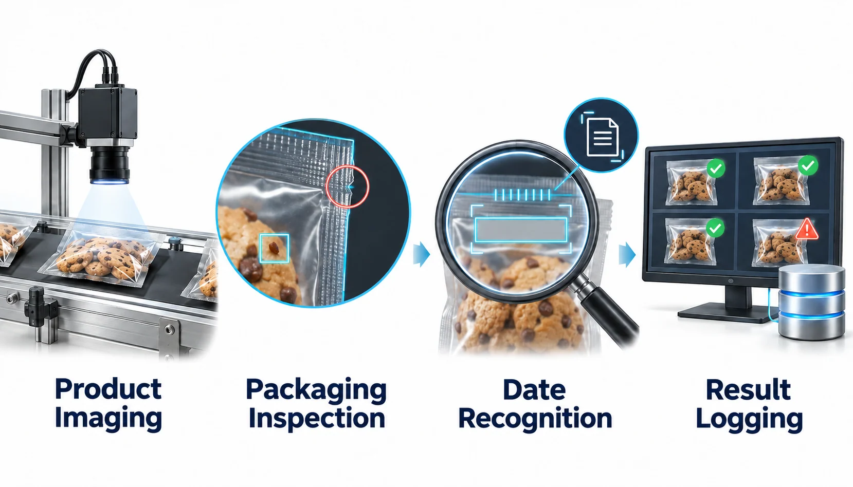 Food packaging and expiry date inspection. Capture the product, Inspect seals and foreign material, Read the expiry date, Save the results.
