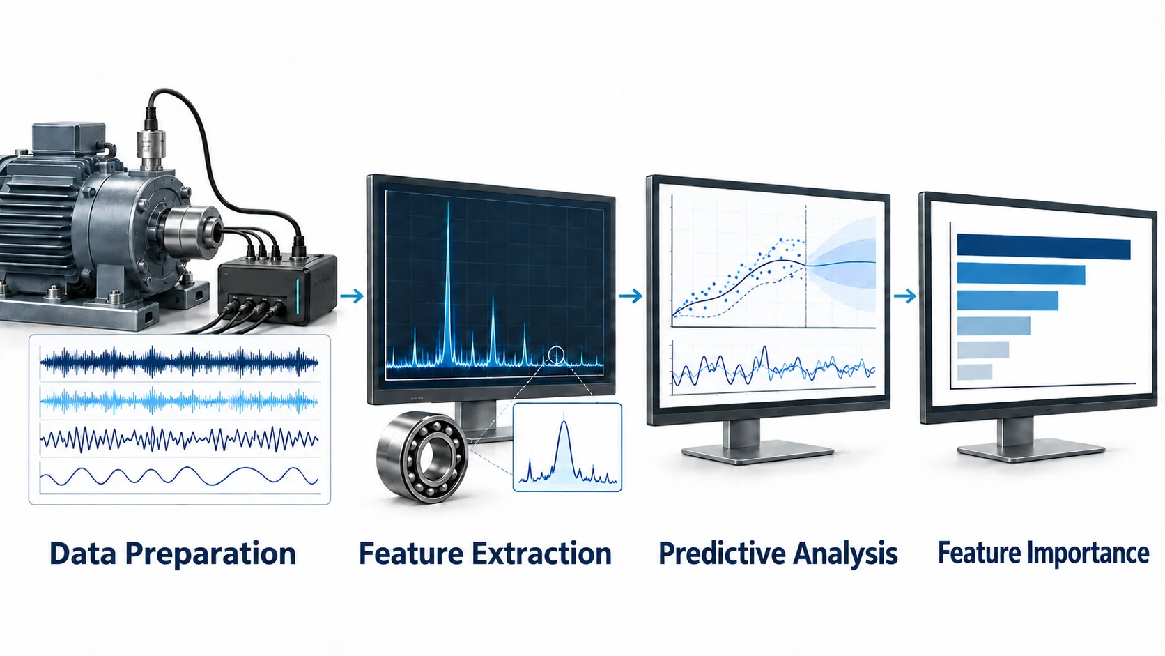 Manufacturing data analytics validation. Prepare equipment data, Extract frequency features, Compare models and predict, Interpret key influences.