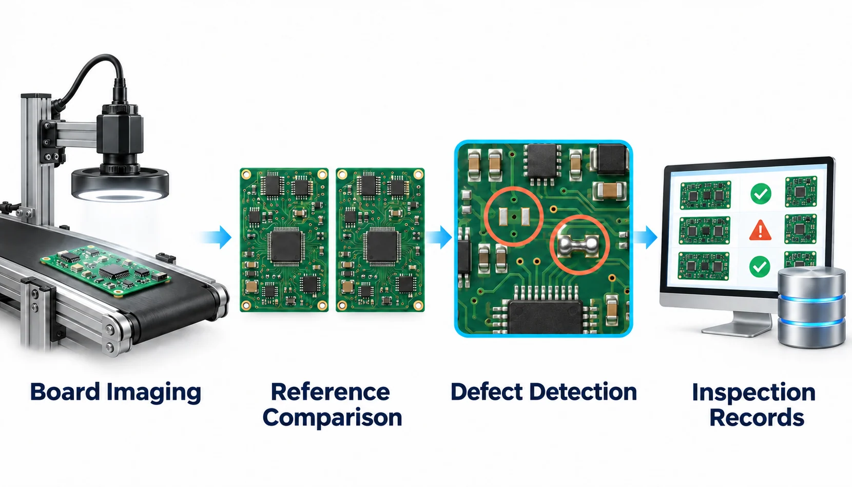 PCB visual defect inspection. Capture the circuit board, Compare reference images, Locate defective areas, Save inspection history.
