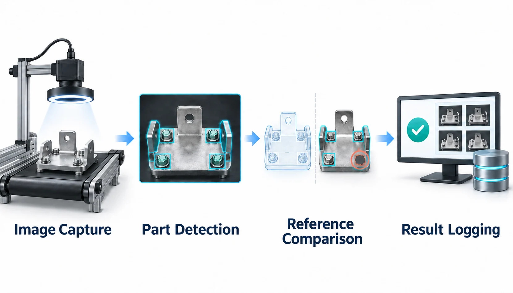 Pilot factory vision inspection. Capture the part, Detect part positions, Compare with reference data, Record inspection results.