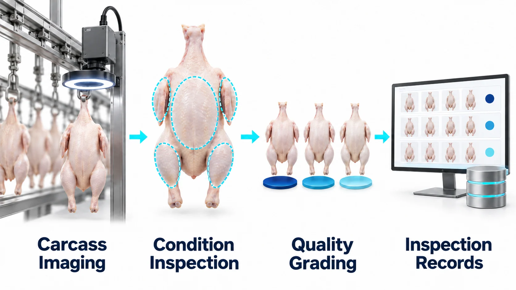 Poultry carcass quality grading. Capture the carcass, Assess body regions and condition, Classify quality grades, Manage records and statistics.