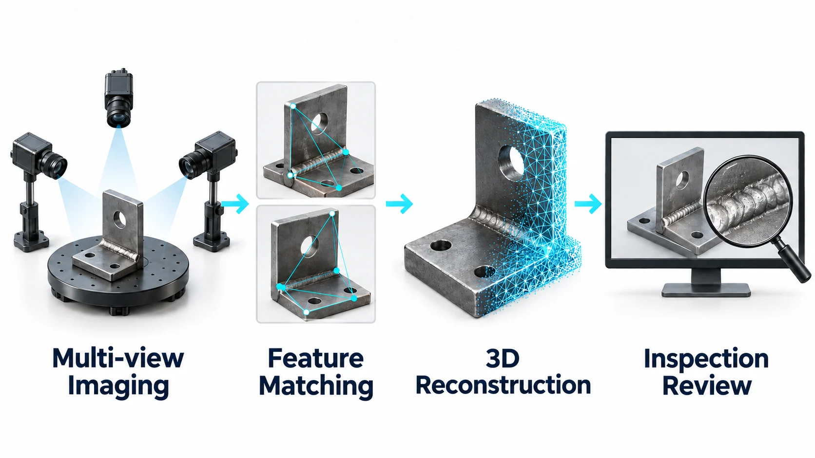 Exploring 3D reconstruction for weld inspection. Capture multiple viewpoints, Match features across images, Reconstruct 3D geometry, Assess inspection applications.