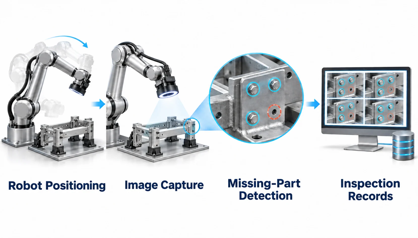 Robotic vision for missing-part inspection. Move to inspection position, Control lighting and capture, Check for missing parts, Save supporting images.