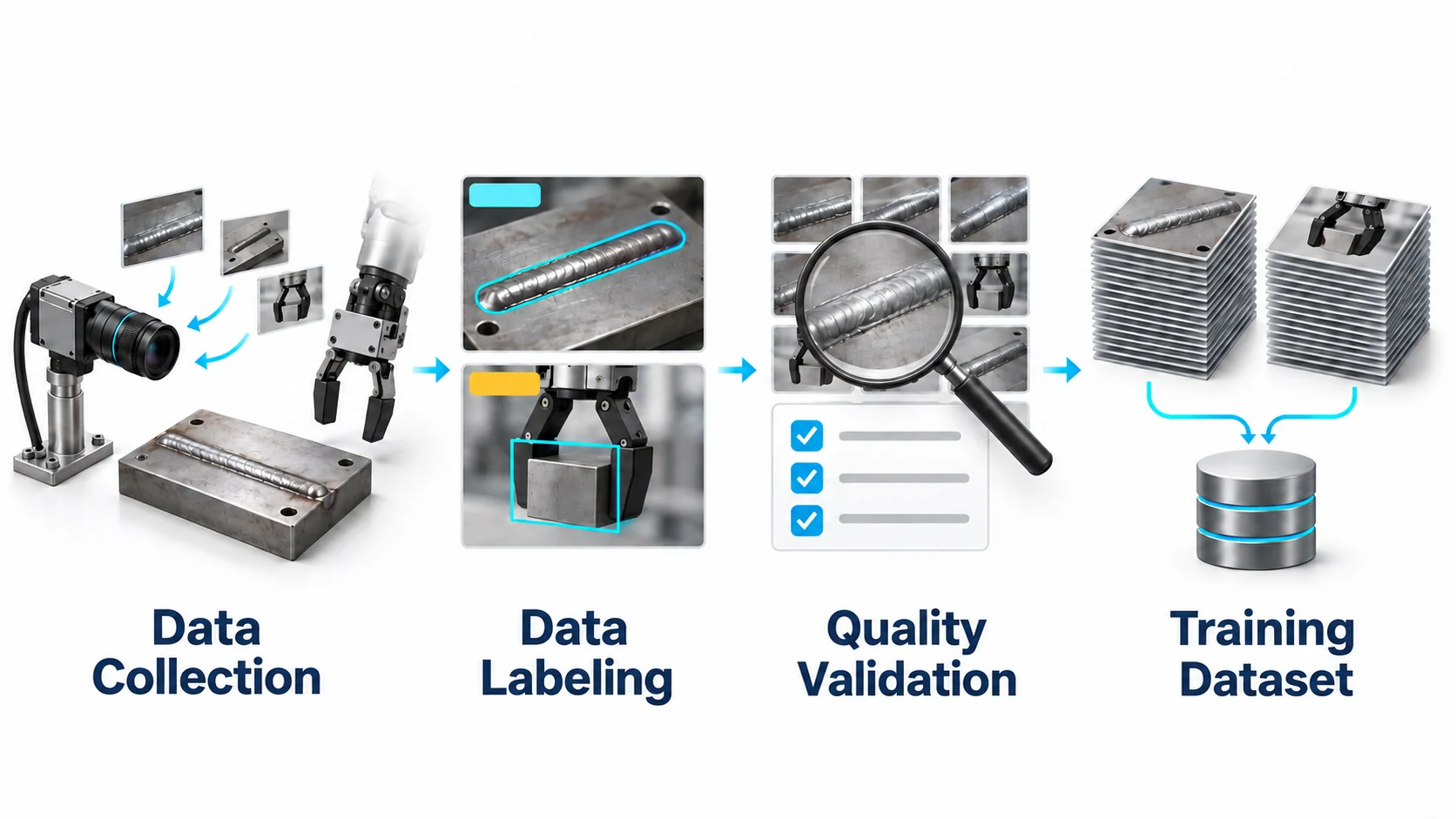 Building manufacturing AI training datasets. Collect factory data, Organize and label, Verify data quality, Prepare training and evaluation sets.