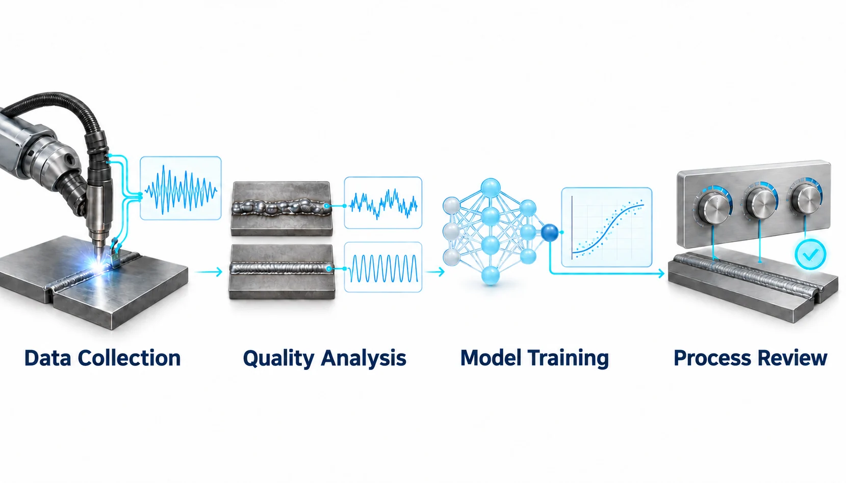 Welding quality prediction. Collect current and voltage, Link process and quality data, Train prediction models, Review process conditions.
