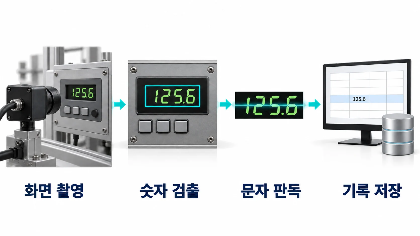 설비 화면과 계기판 문자 판독. 표시창 촬영, 숫자 영역 검출, 문자 판독, 생산 기록과 연결.