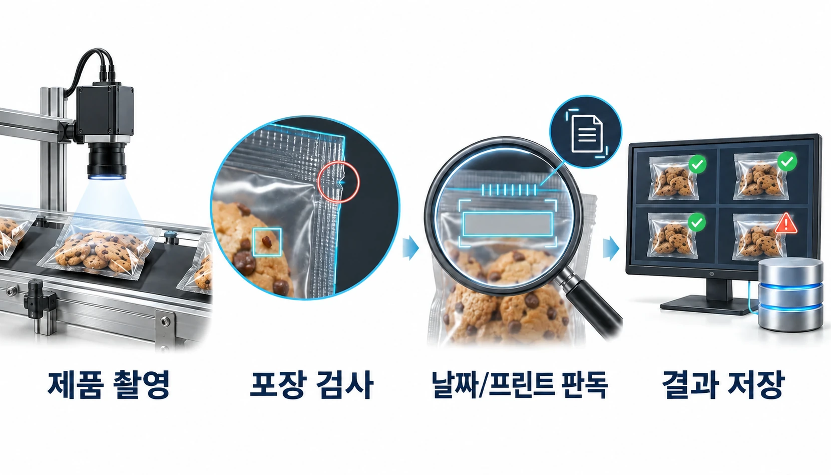 식품 포장과 유통기한 검사. 제품 촬영, 포장과 이물 검사, 날짜/프린트 판독, 결과 저장.
