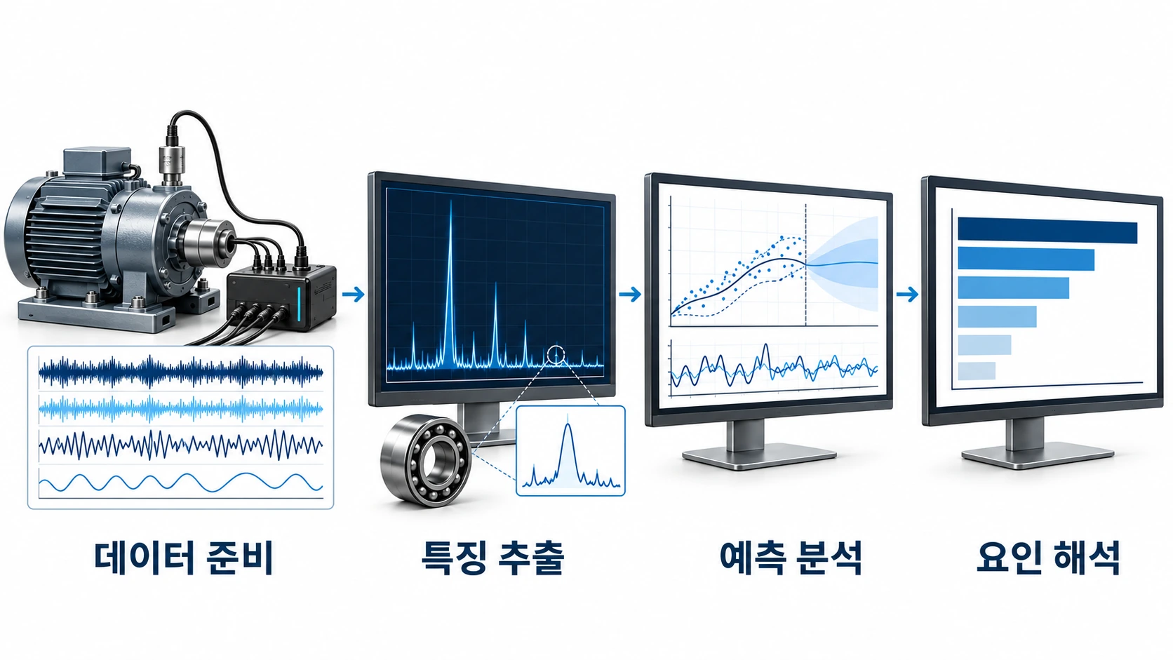 제조데이터 분석 실증. 설비 데이터 준비, 주파수 특징 추출, 모델 비교와 예측, 주요 영향 요인 해석.