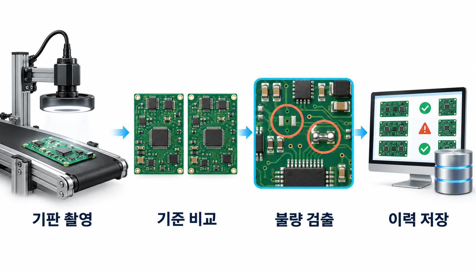 PCB 외관 불량 검사. 기판 촬영, 기준 이미지 비교, 불량 영역 검출, 검사 이력 저장.