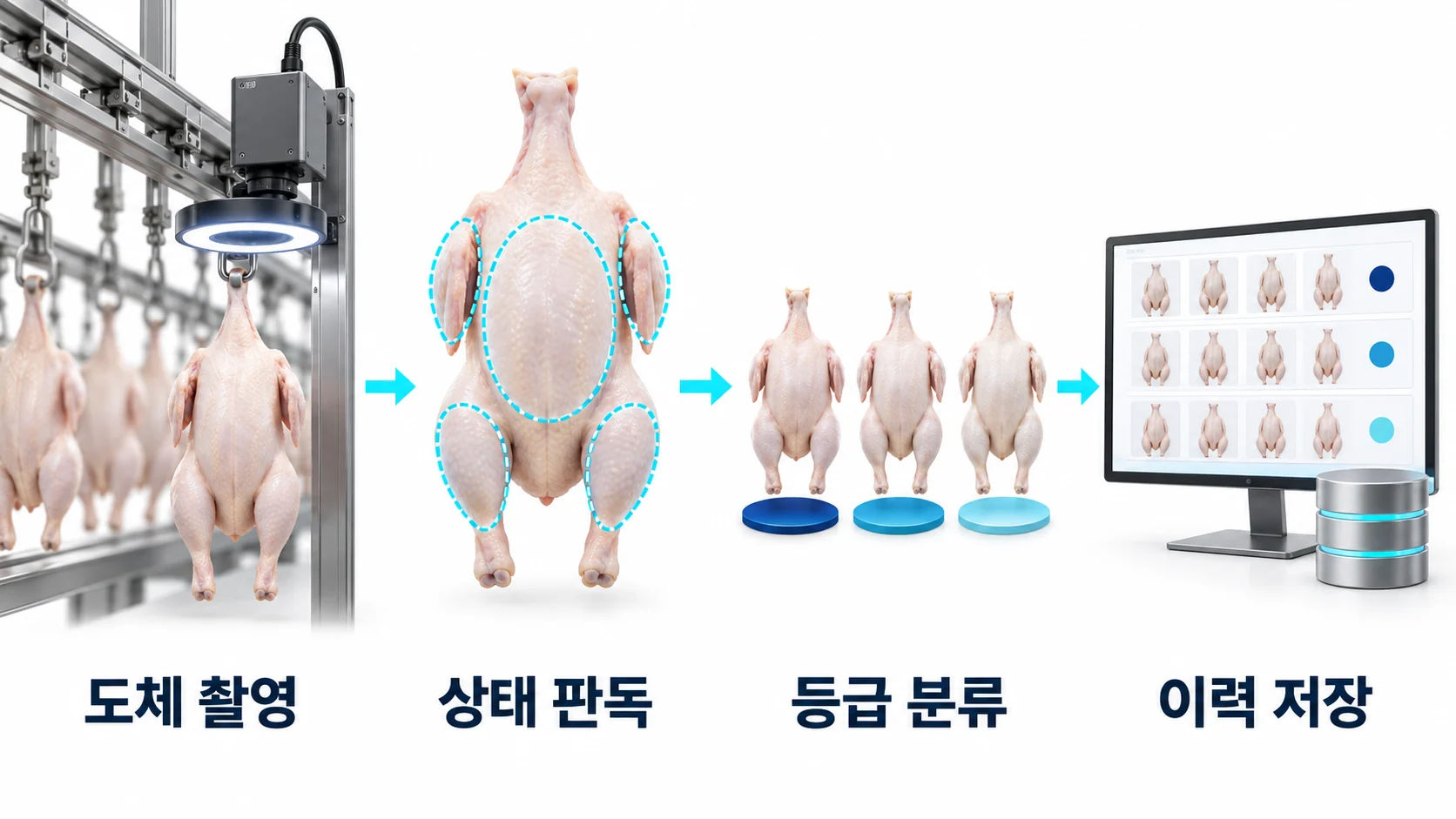 닭 도체 품질 등급 판독. 도체 촬영, 부위와 상태 판독, 품질 등급 분류, 통계와 이력 관리.