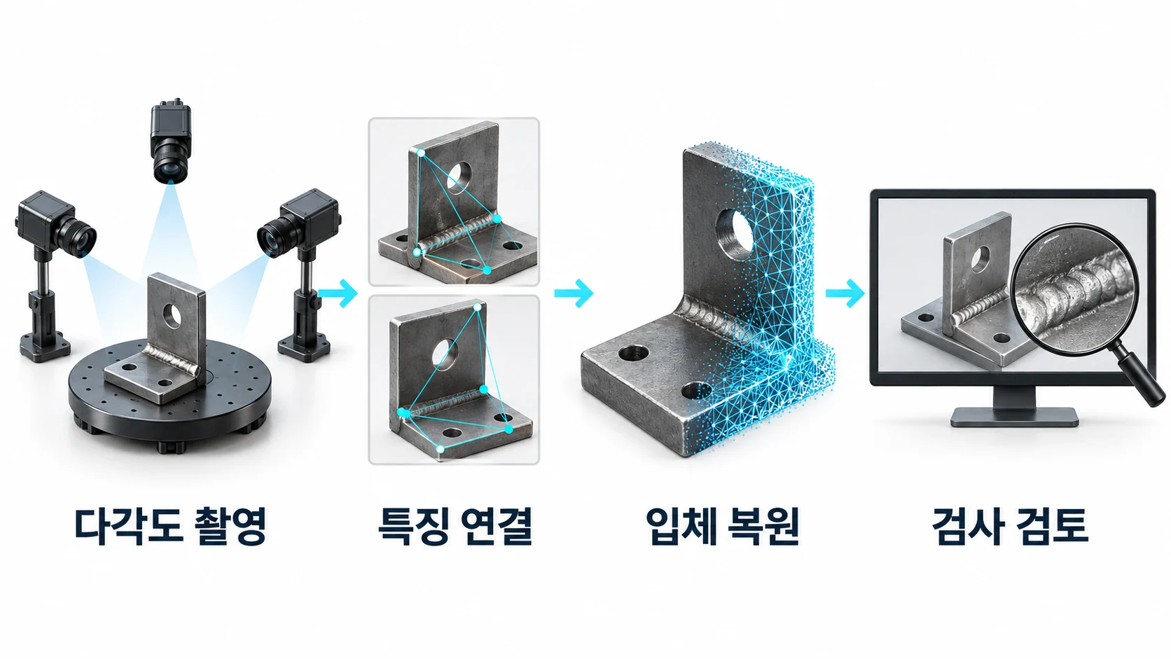 용접 검사를 위한 3차원 복원 검토. 여러 시점 촬영, 영상 간 특징 연결, 입체 구조 복원, 검사 적용 가능성 검토.