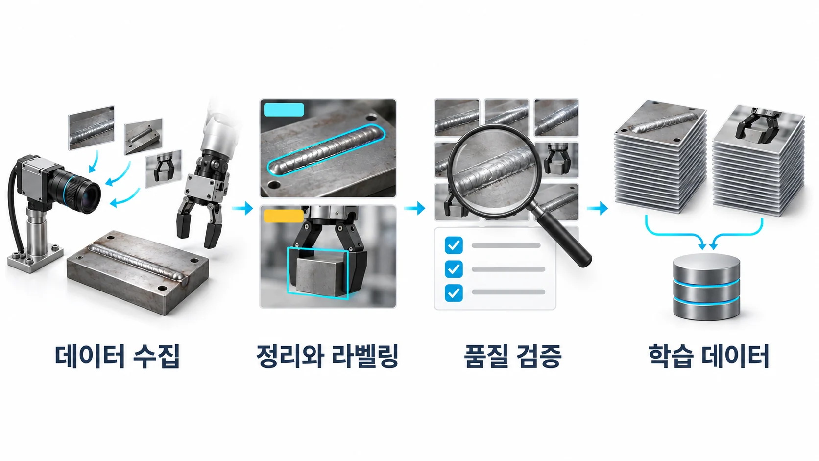 제조 AI 학습 데이터 구축. 현장 데이터 수집, 정리와 라벨링, 데이터 품질 검증, 학습과 평가 데이터 구성.