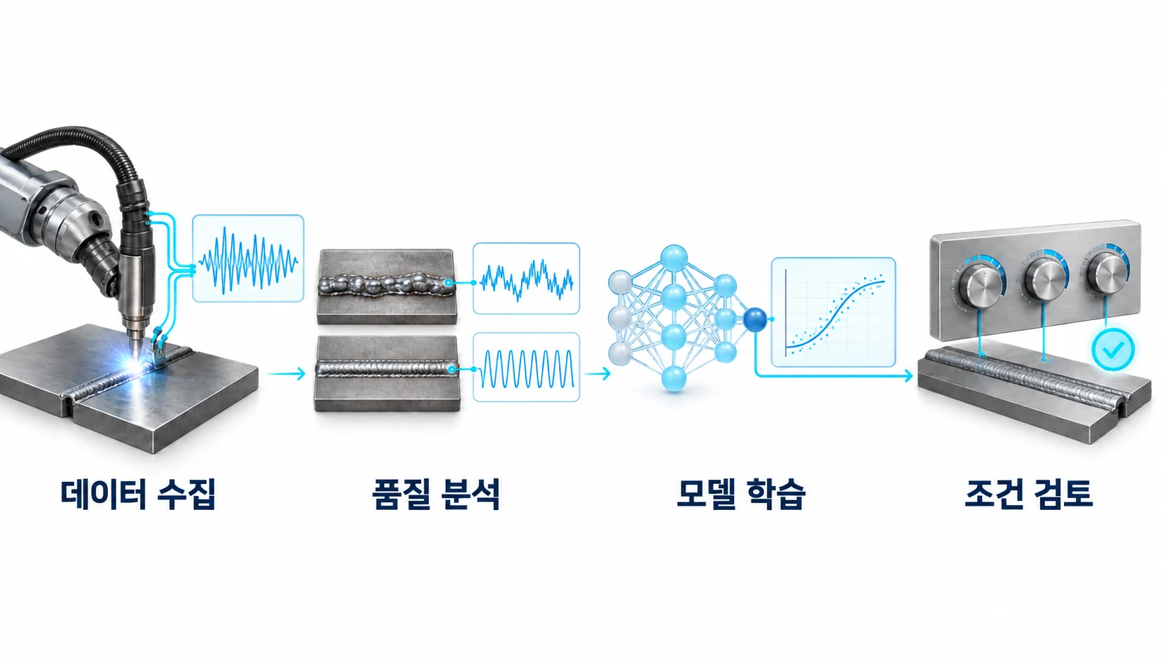 용접 품질 예측. 용접 전류와 전압 수집, 품질 데이터와 연결, 예측 모델 학습, 공정 조건 검토.